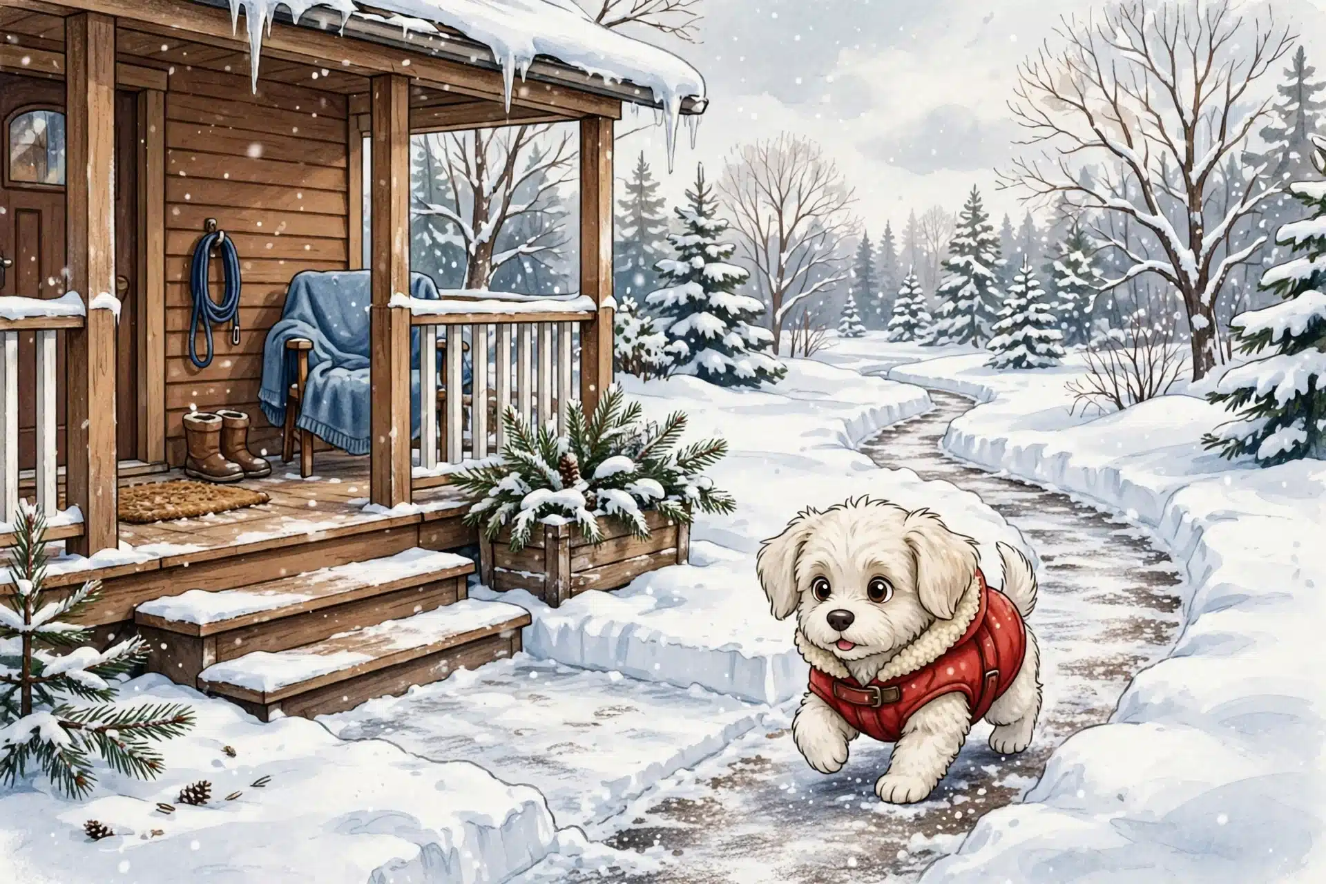 Fluffy puppy in red coat walking through snow