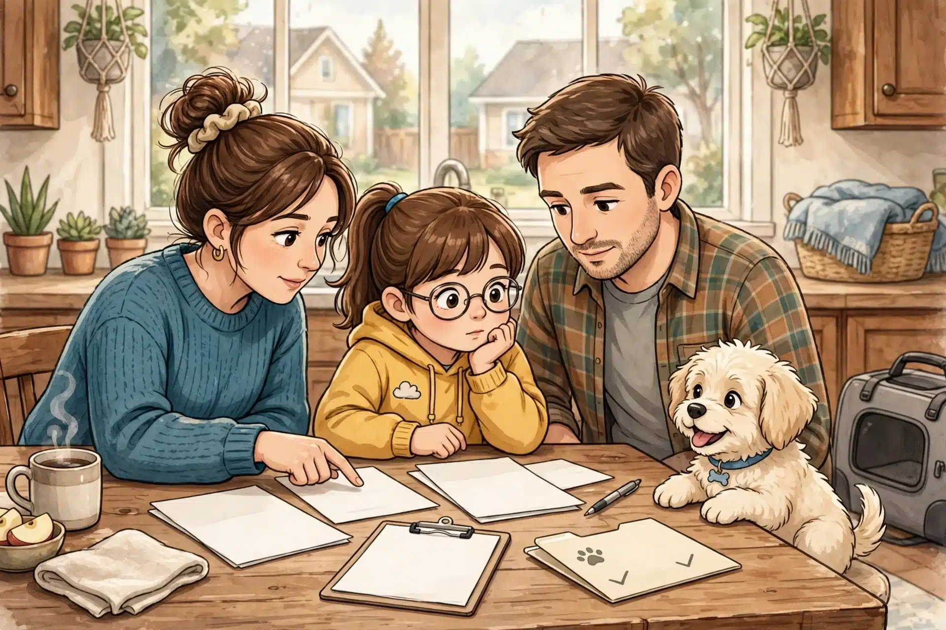 Family reviewing puppy health records at kitchen table