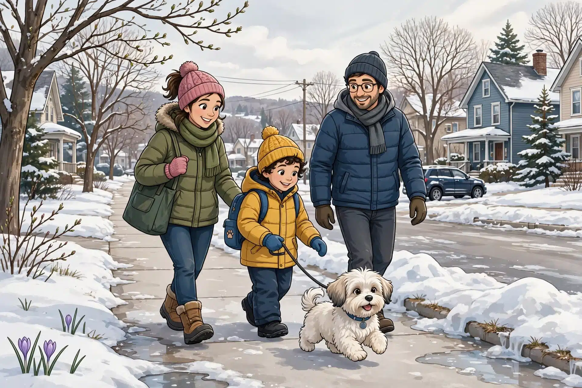 Family walking Havanese puppy on snowy sidewalk