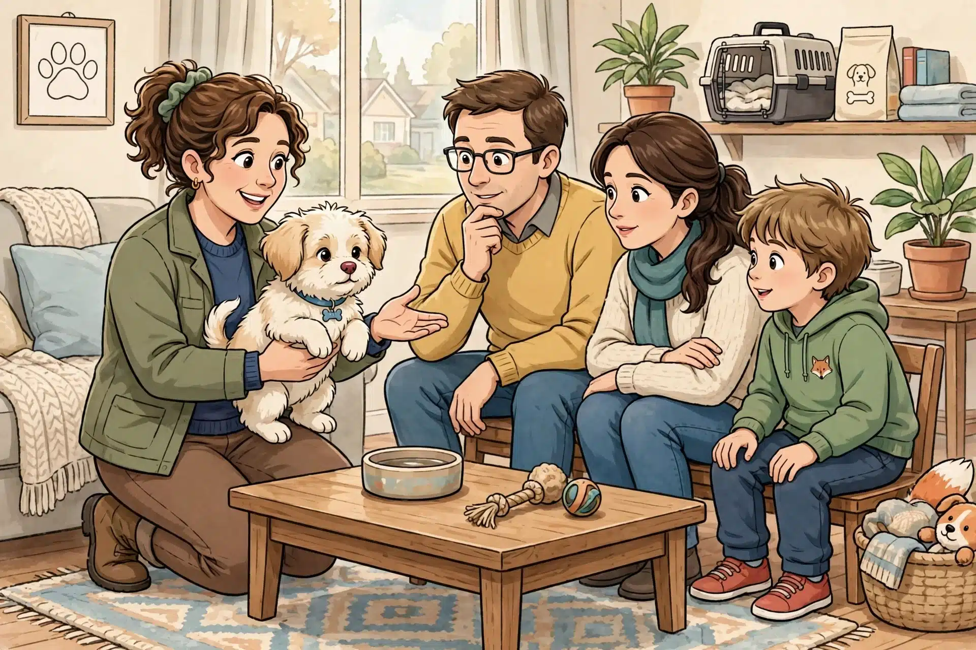 Breeder holding puppy during family home visit