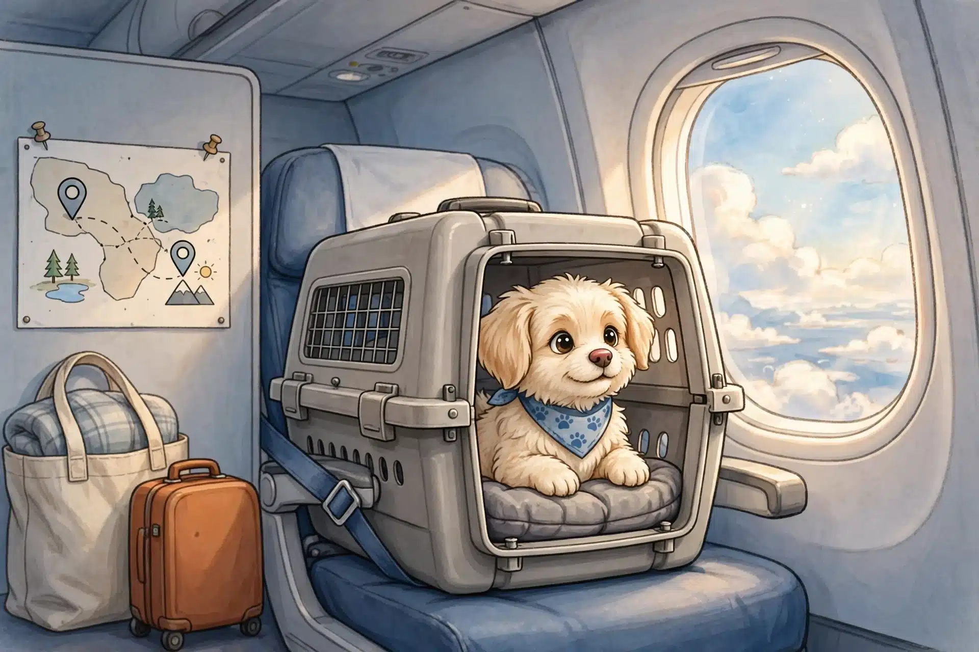 Fluffy puppy in airline-approved travel crate by window