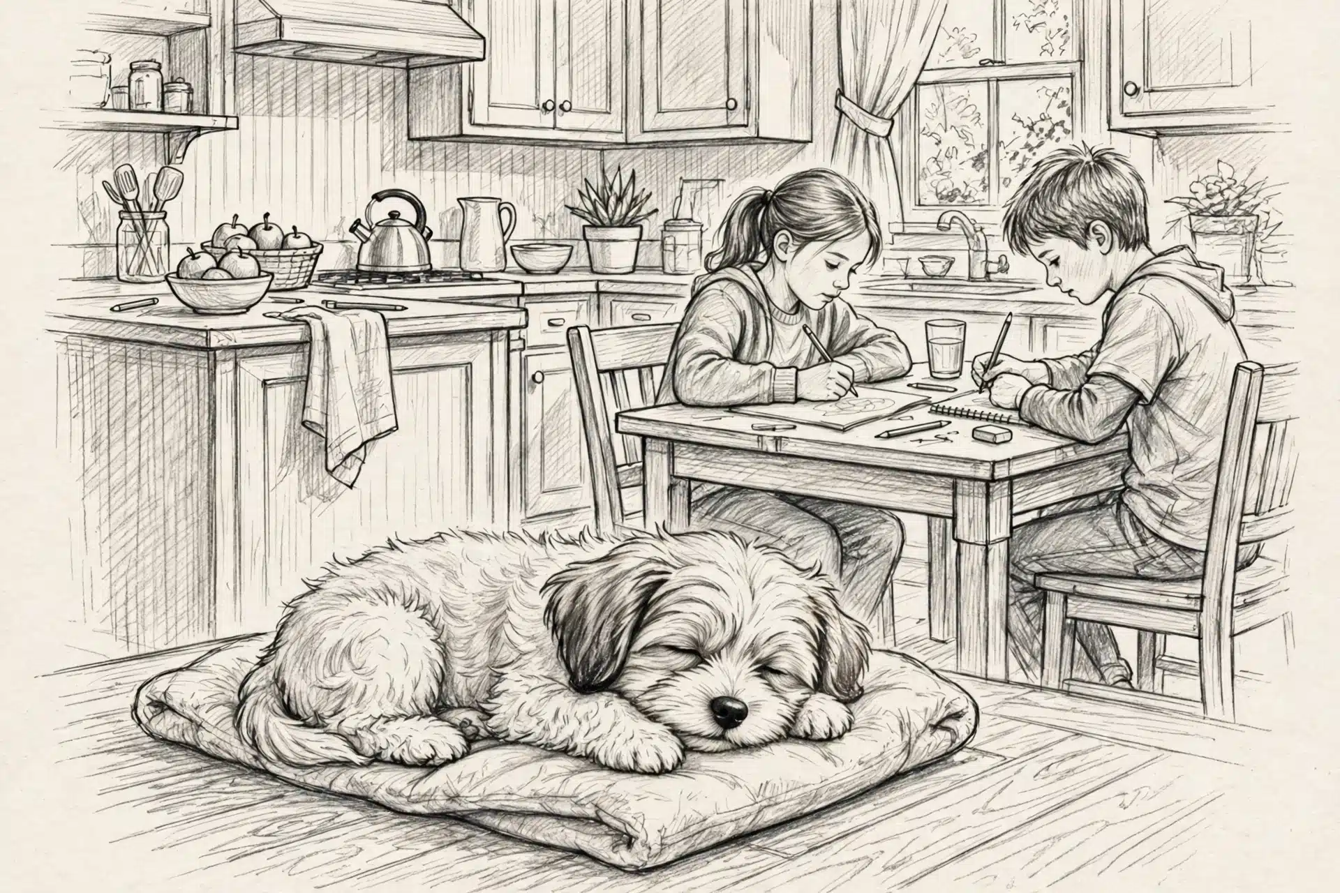 Havanese puppy on kitchen floor near children