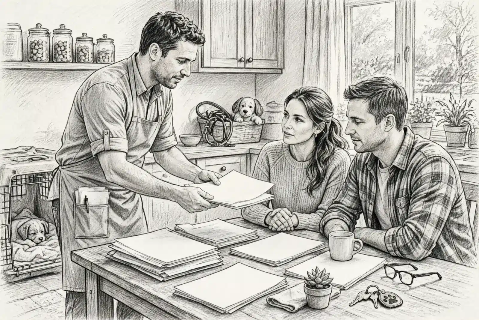 Grayscale illustration of an adult in an apron handing papers to two adults at a table, with puppies in a basket and a crate nearby.