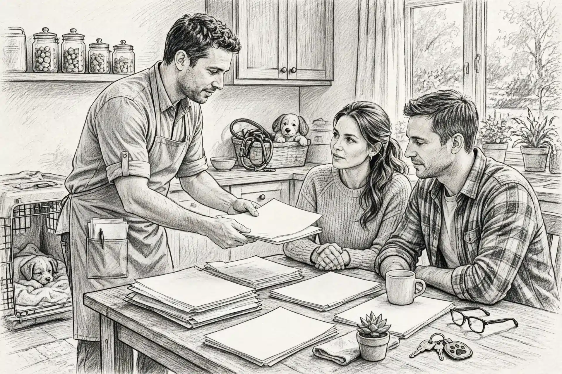 Breeder showing health certificates at kitchen table
