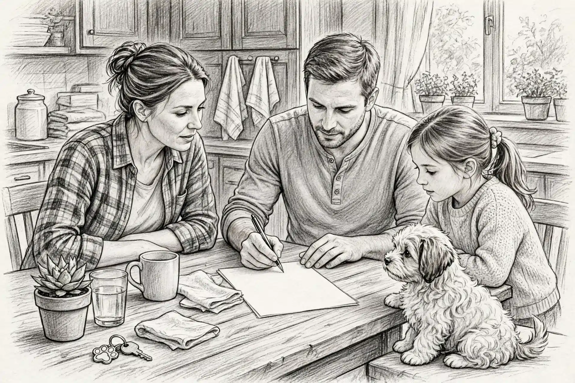 Family signing puppy agreement with Havanese nearby