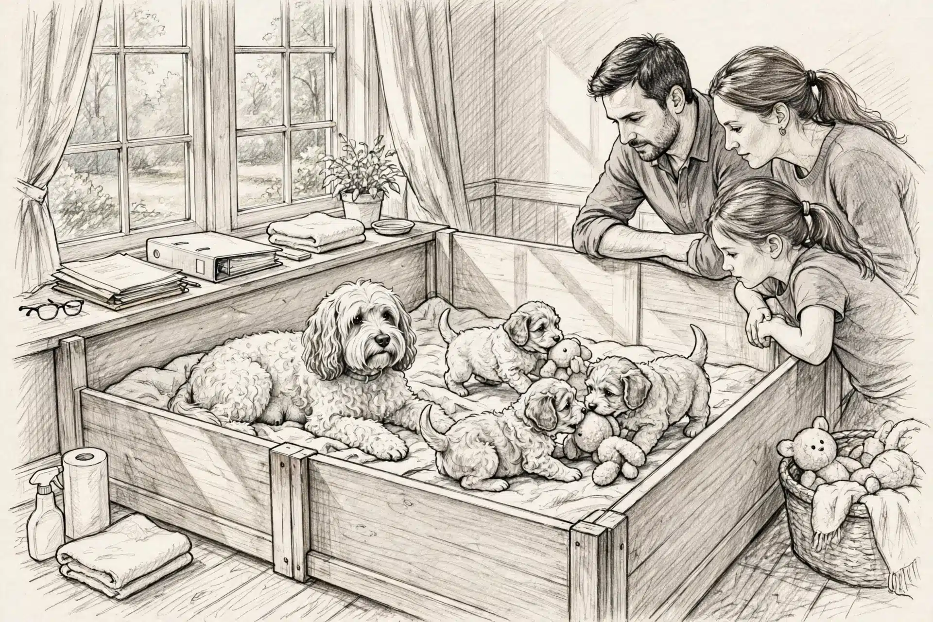 Family observing Havanese puppies in sunlit whelping area