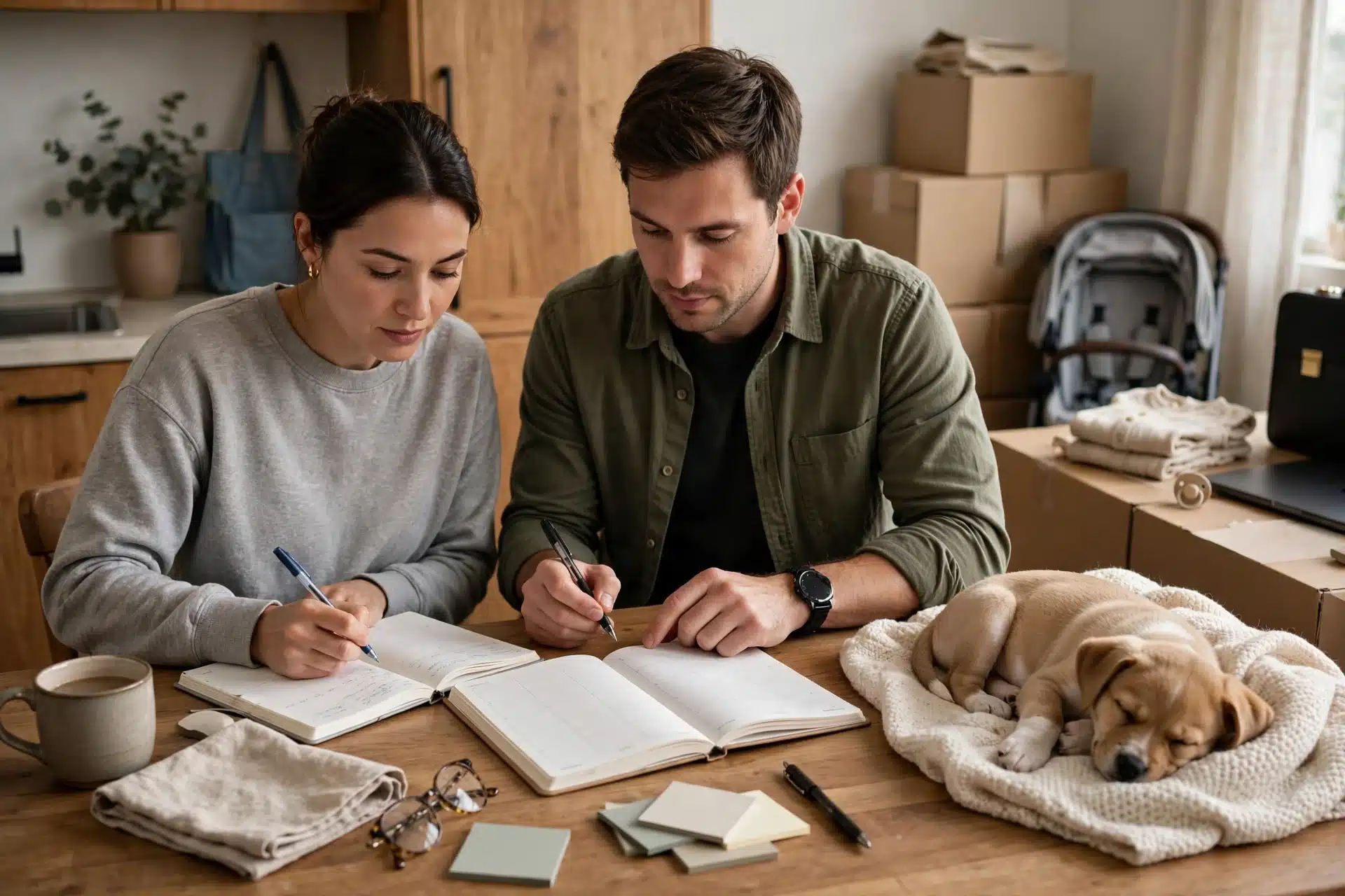 Family planning weekly schedule with napping puppy