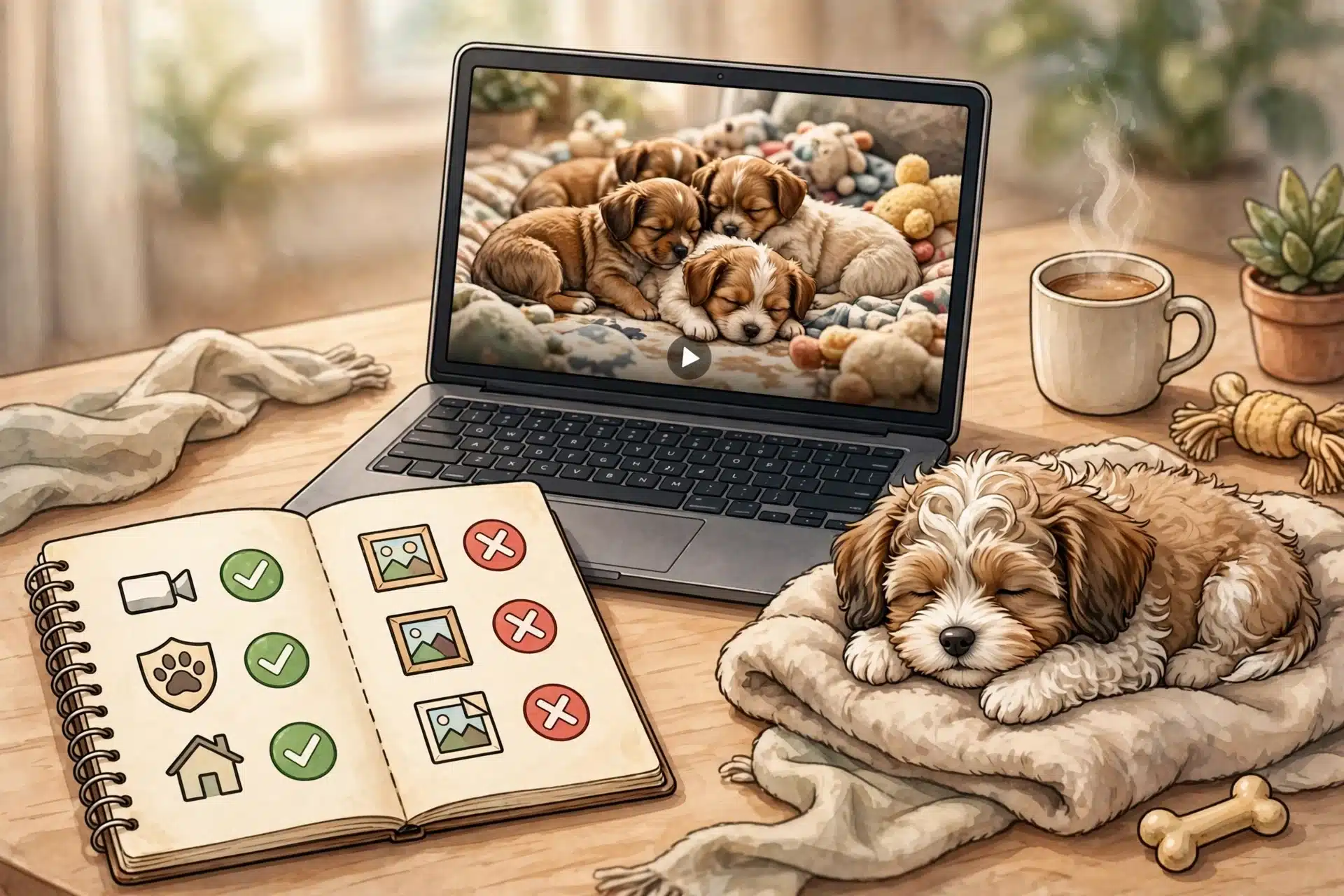 Notebook scorecard, laptop, and Havanese puppy