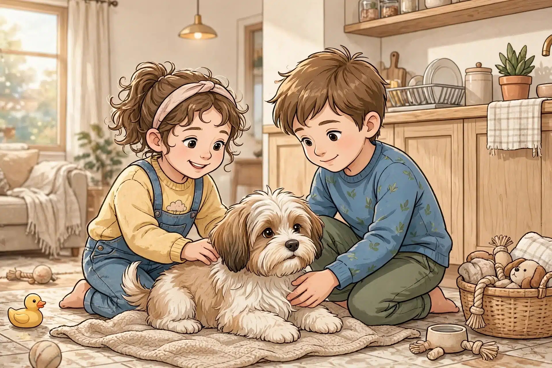 Children gently handling Havanese puppy on kitchen floor
