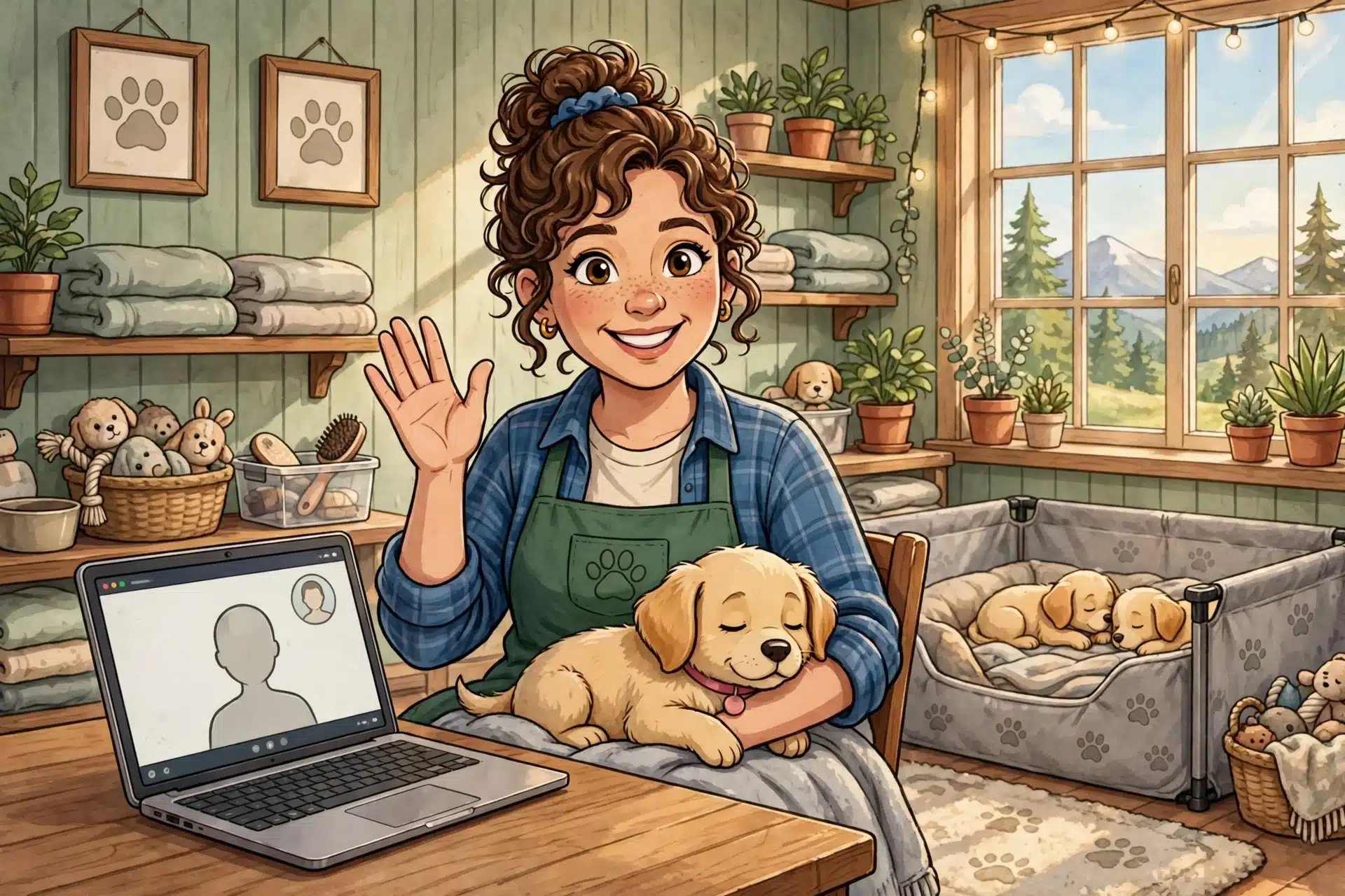 Breeder waving on video call with puppy