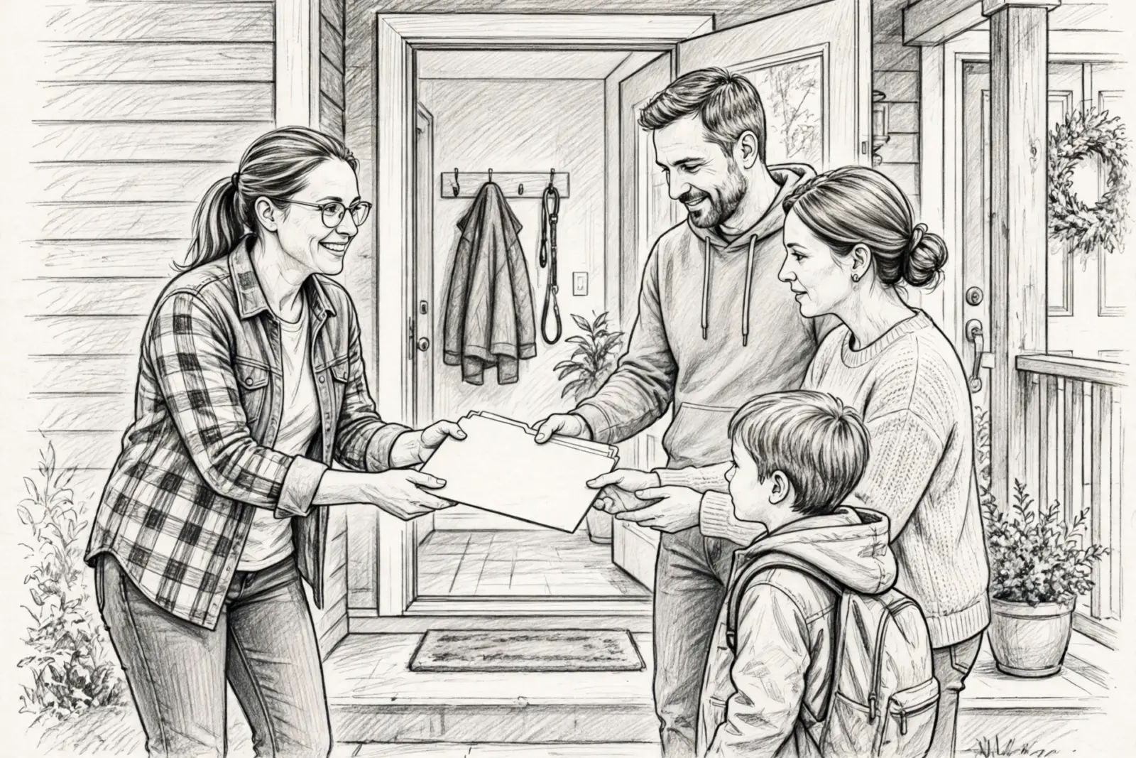 Grayscale drawing of a woman handing papers to two adults and a child at an open doorway.