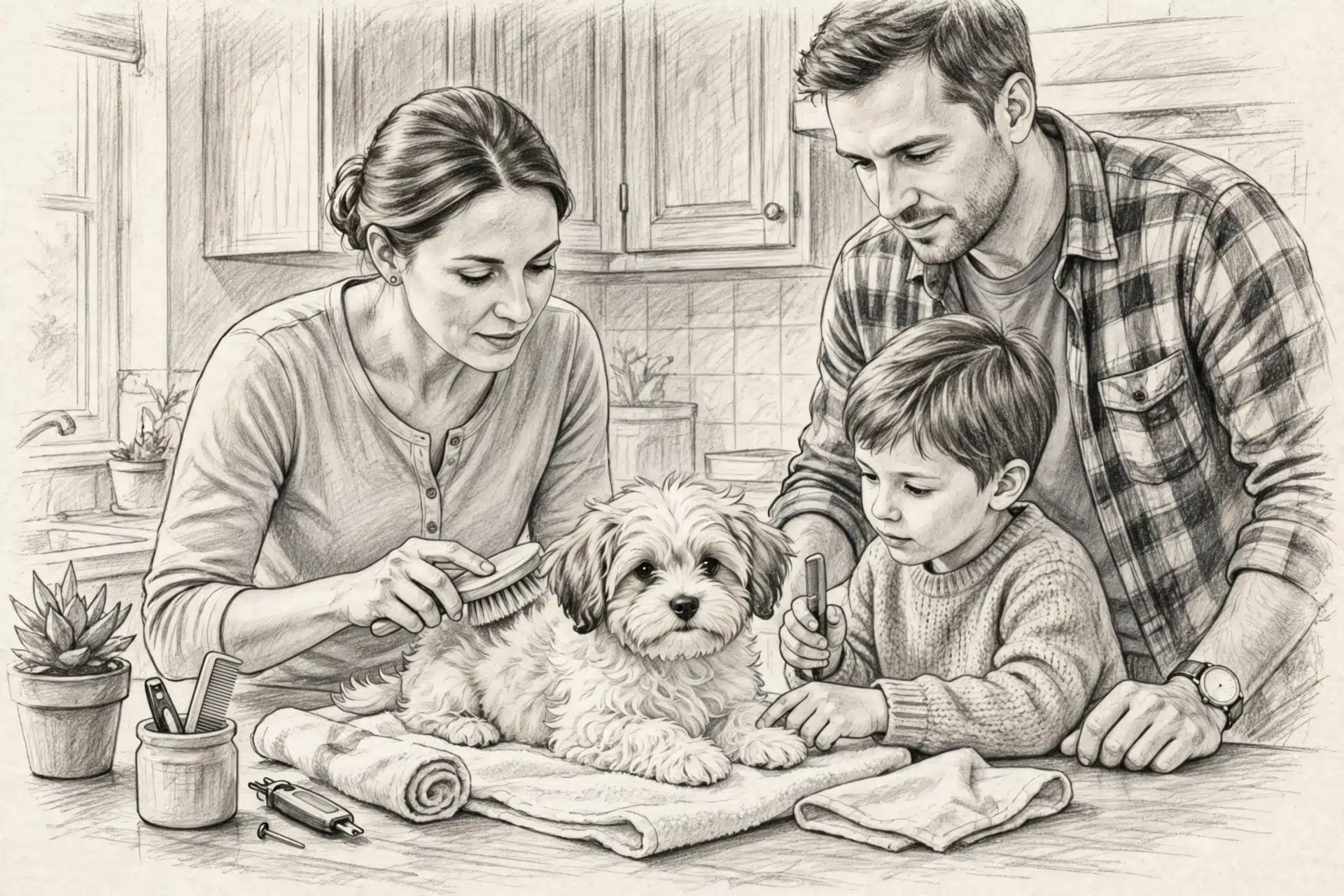 Family brushing small fluffy puppy on towel