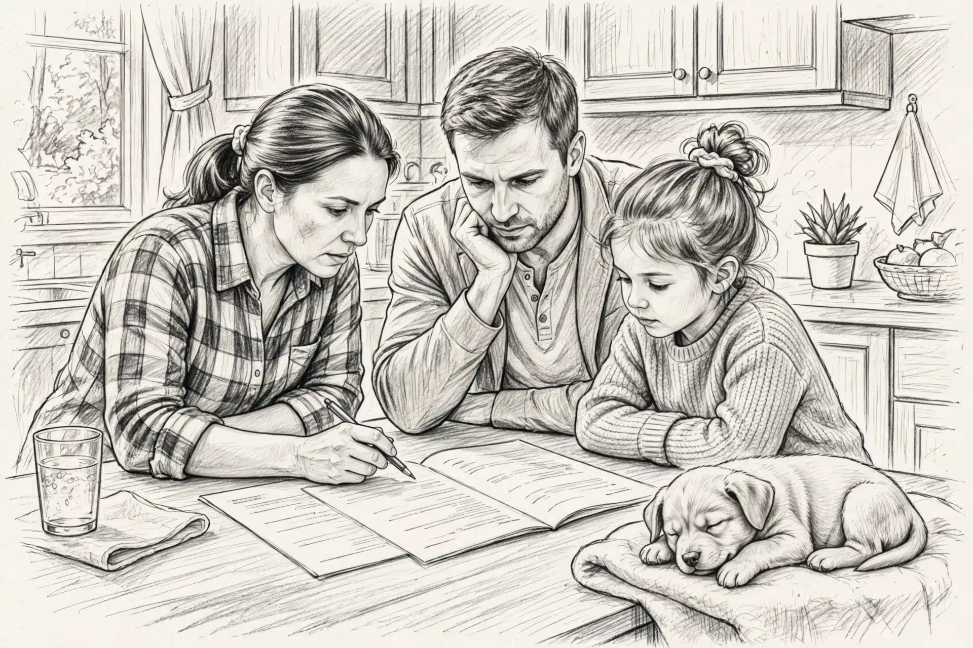 Family reviewing puppy contract at kitchen table