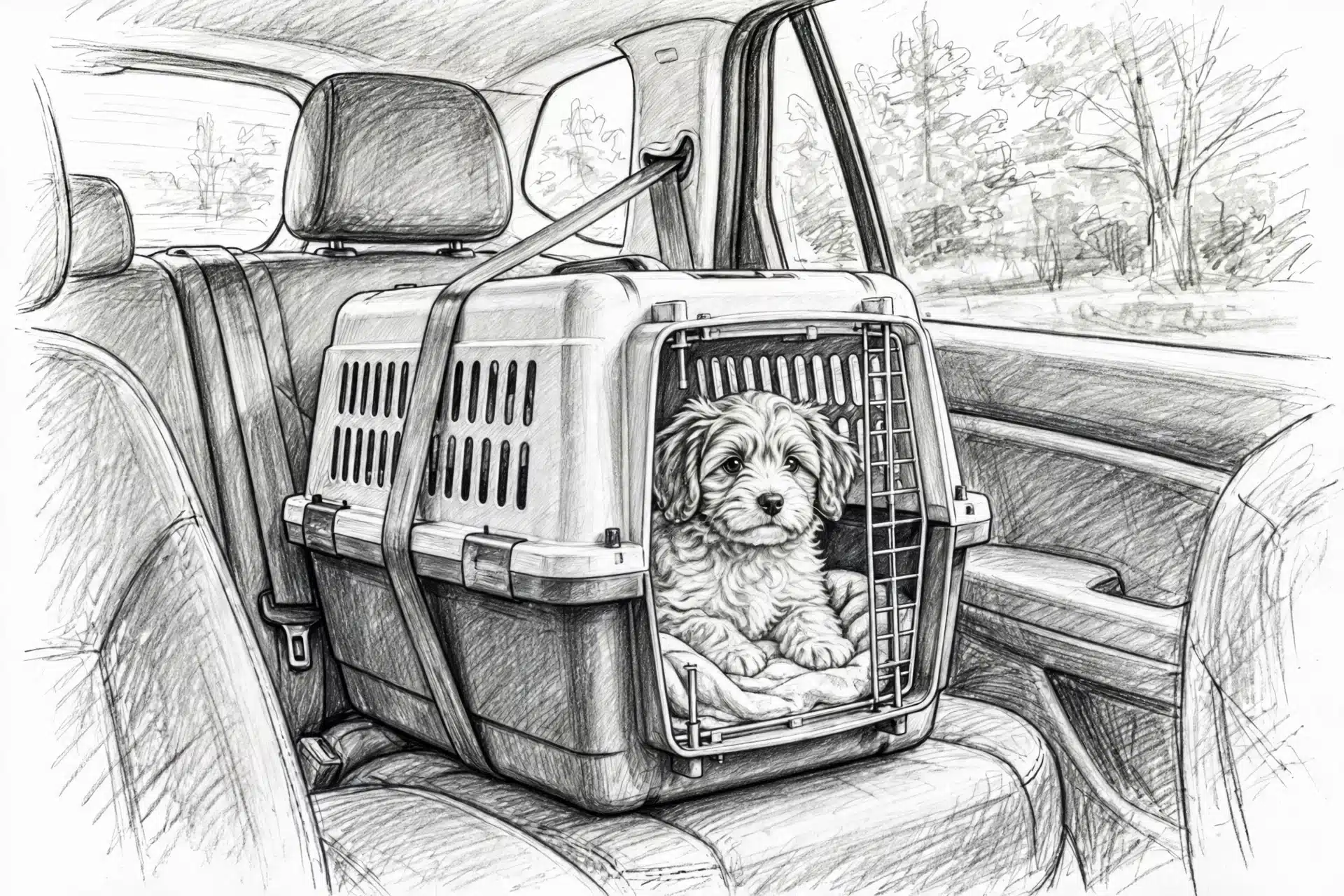 Puppy in secured crate on car back seat