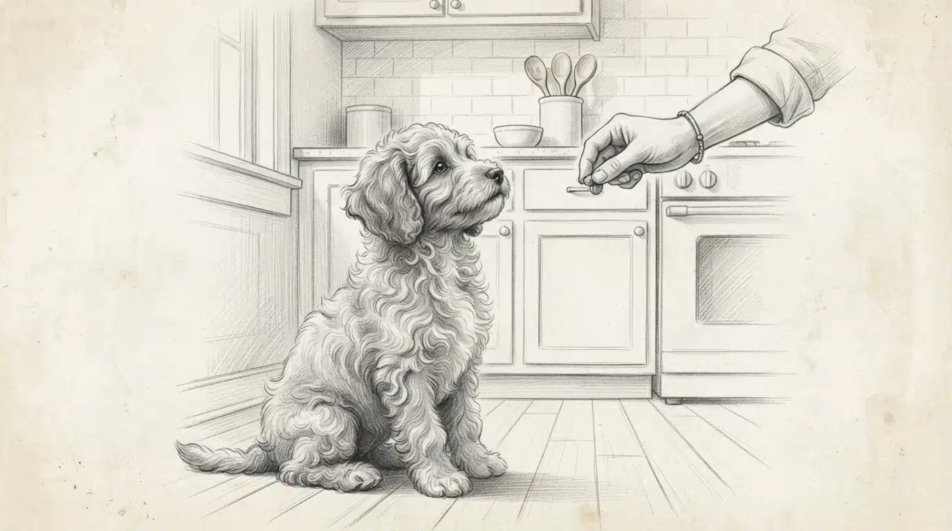 Attentive Havapoo puppy during kitchen training session