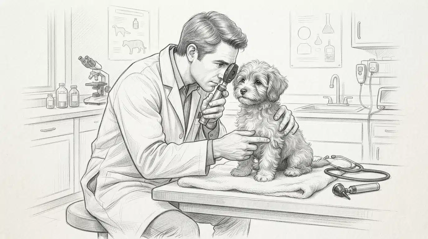 Veterinarian examining a small puppy in clinic
