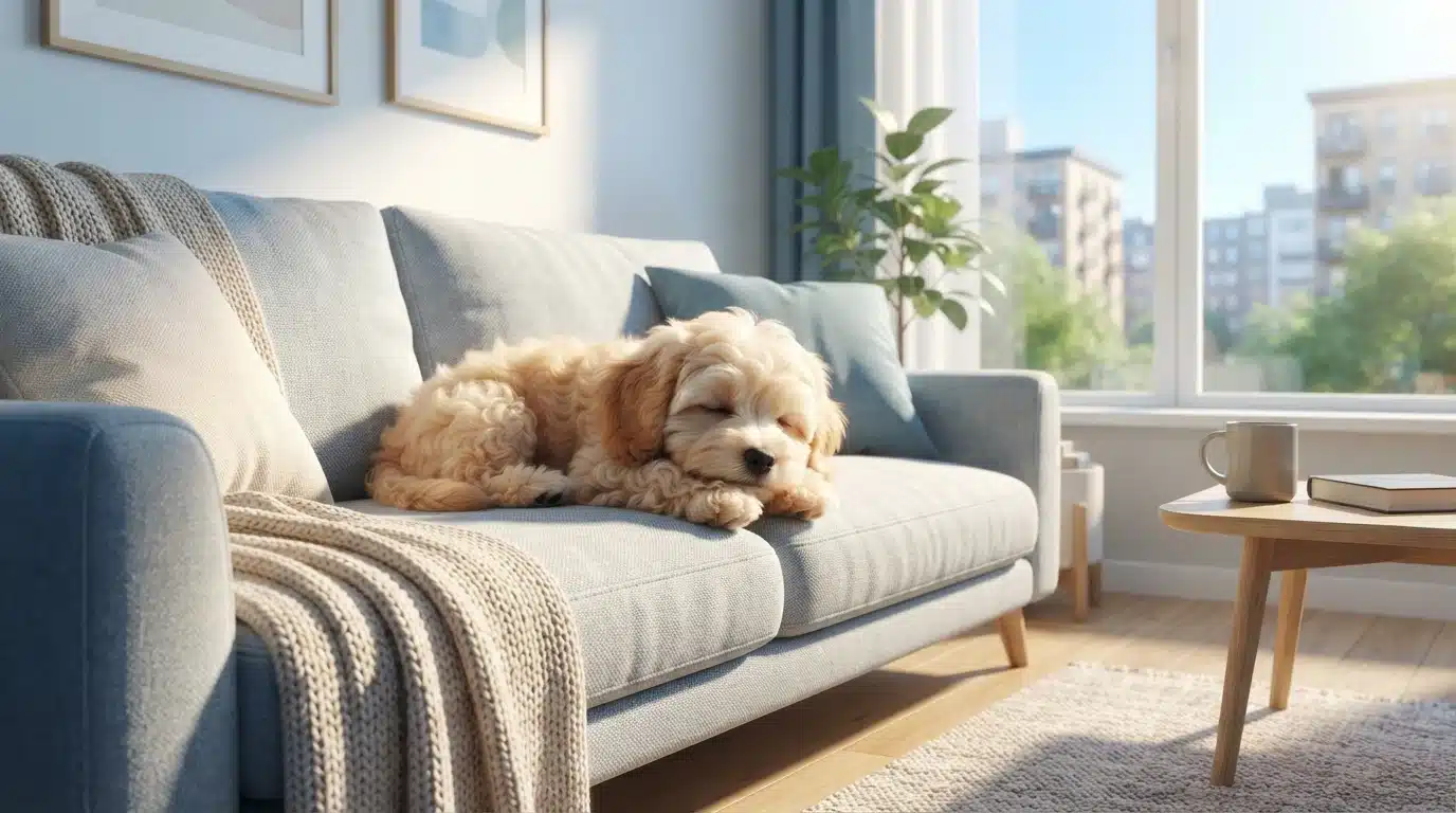 Small fluffy puppy resting on apartment sofa