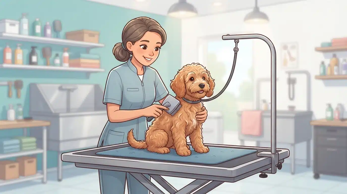 Groomer brushing a small wavy puppy
