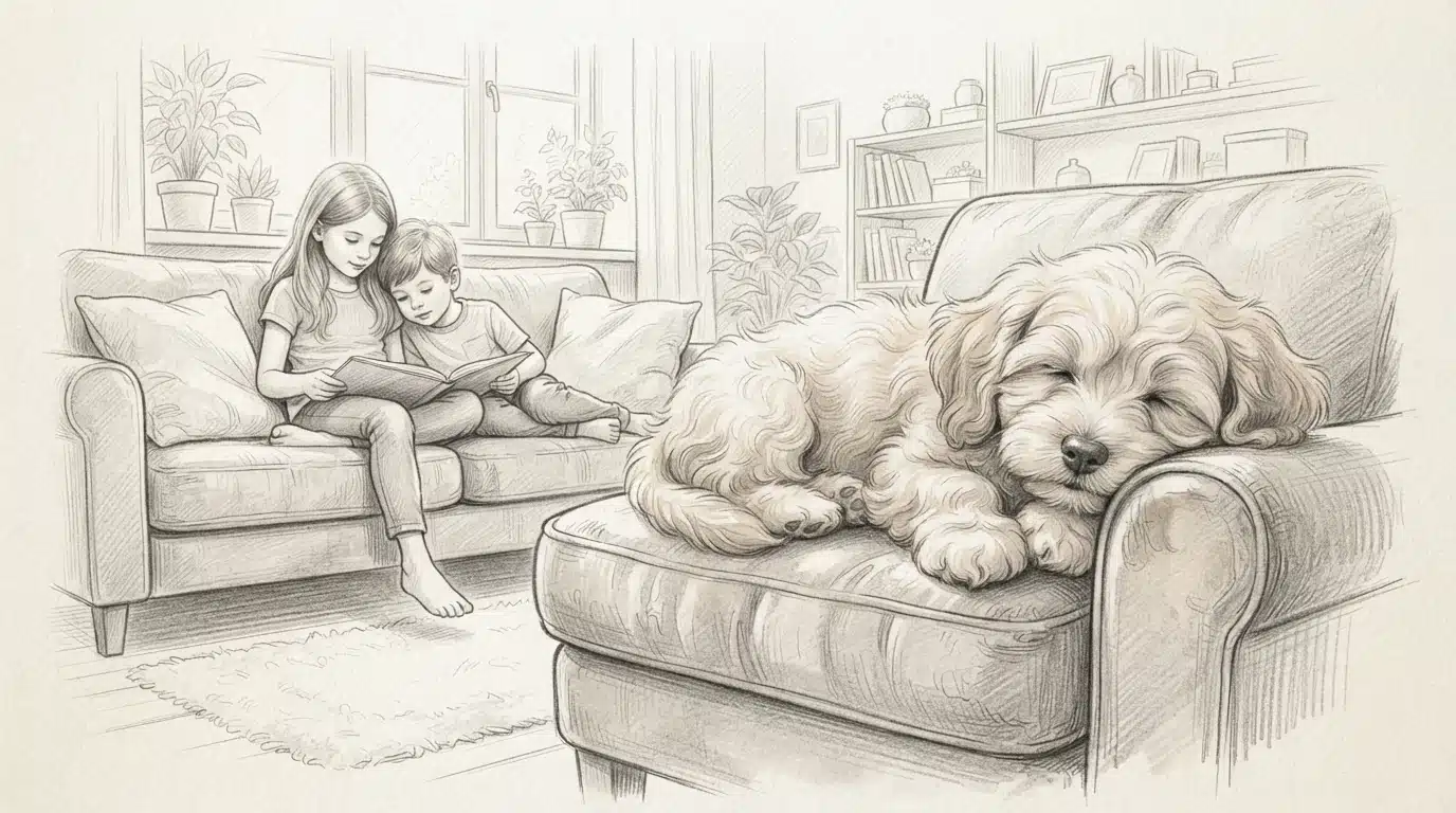 Calm Havanese puppy resting with children