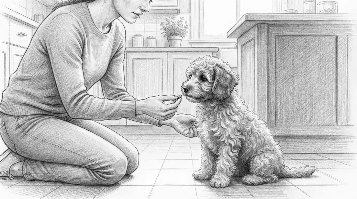 Havapoo puppy focusing on training treat