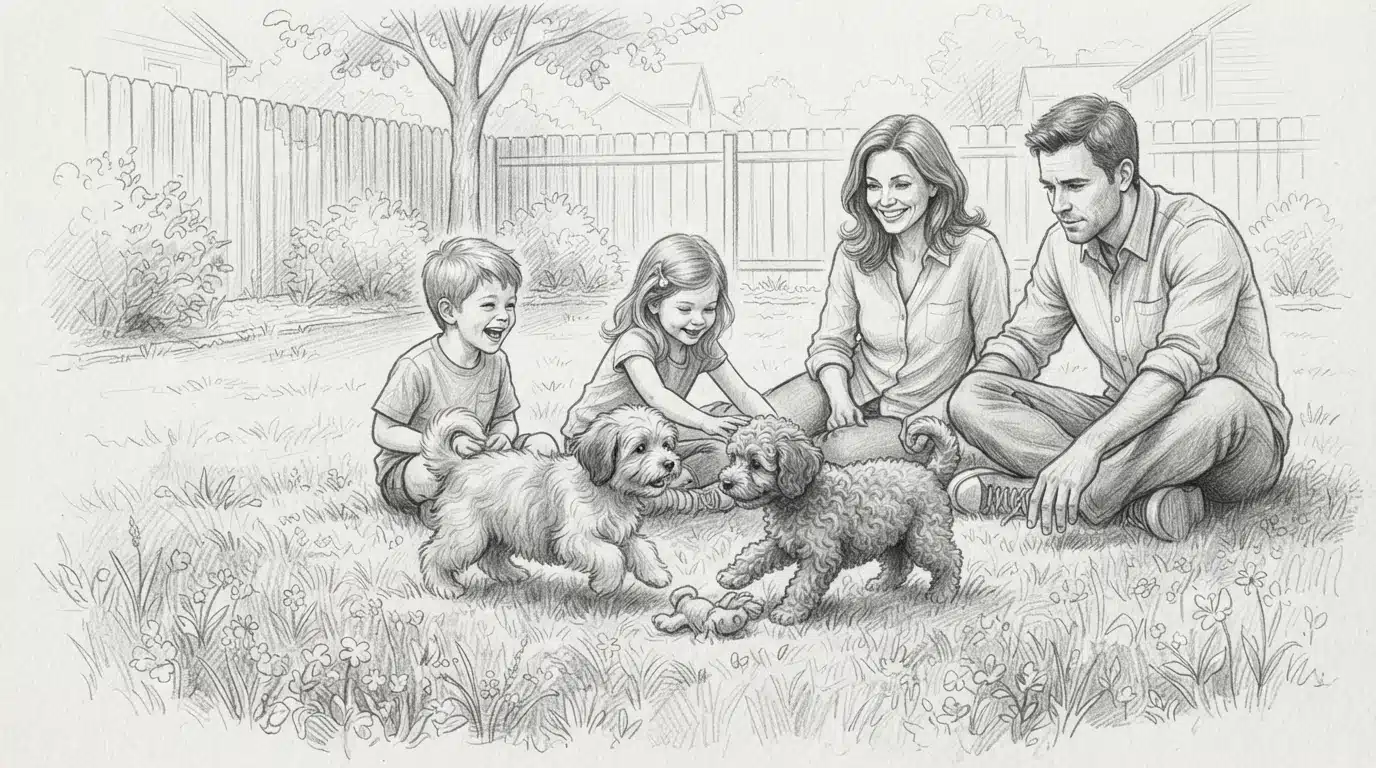 Children playing with Havanese and Havapoo puppies