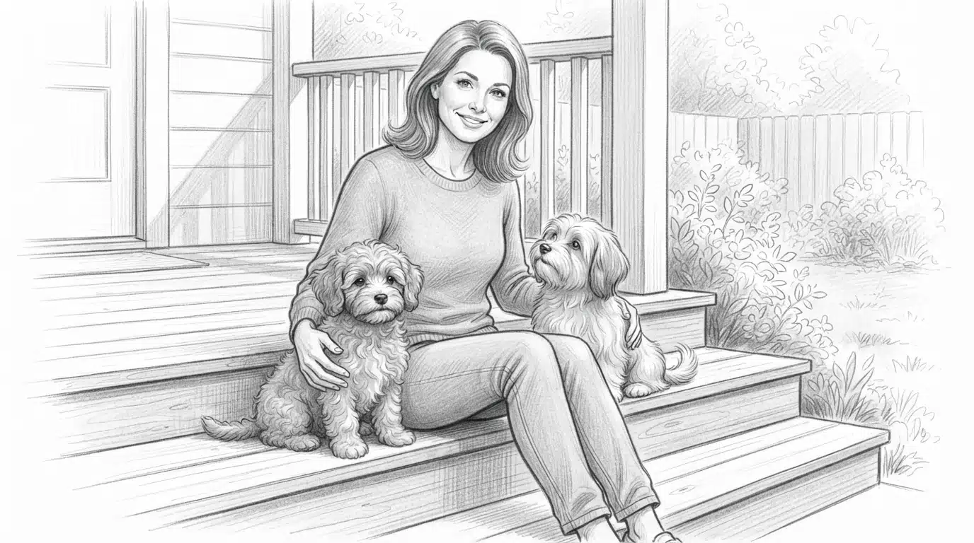 Woman sitting with Havanese and Havapoo puppies