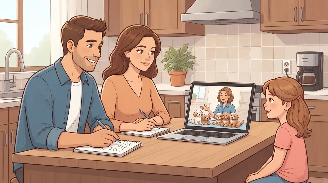 Family calmly video calling ethical breeder