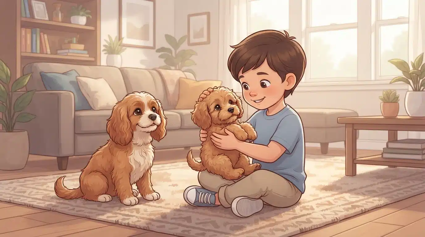 Child gently holding a Cavapoo puppy