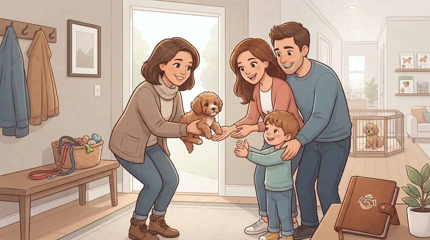 Breeder handing puppy to happy family