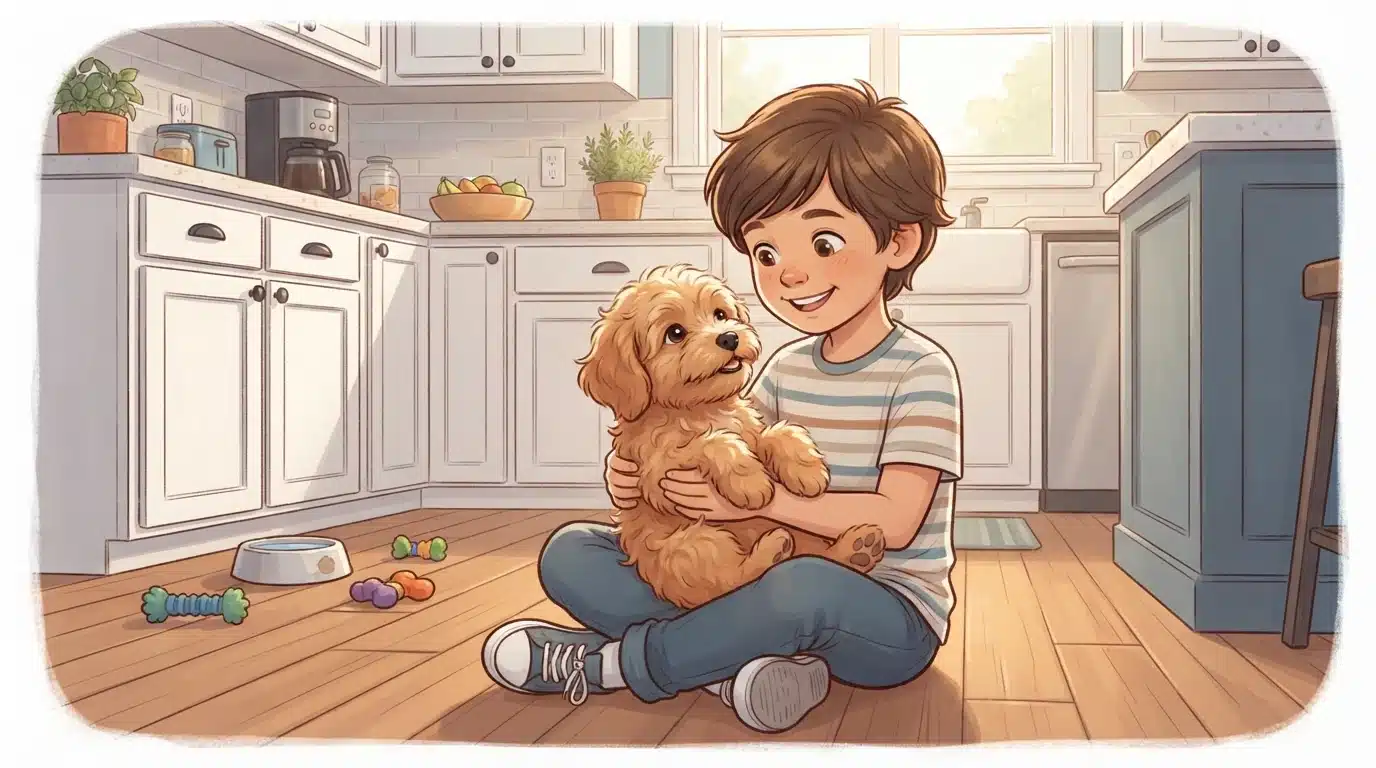 Child cuddling Havapoo puppy in kitchen