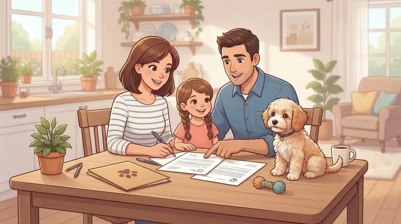 Family signing puppy adoption paperwork