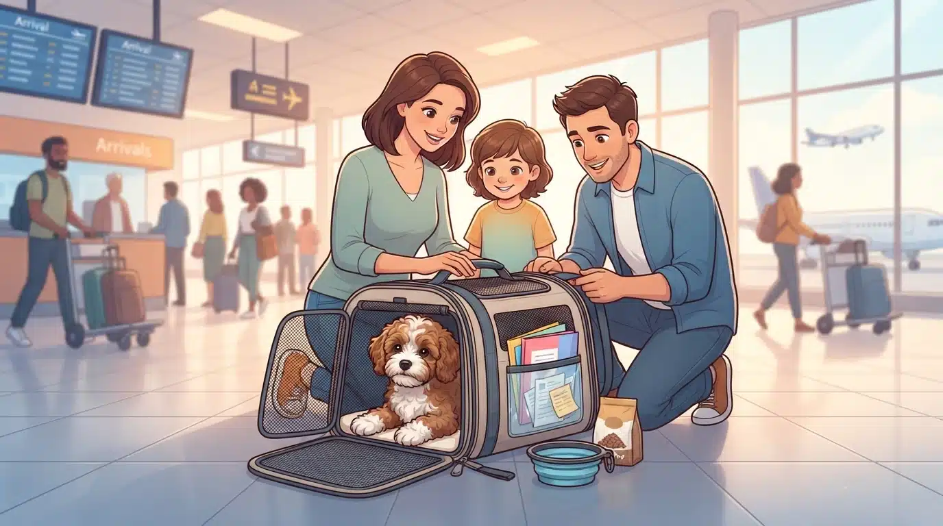 Puppy resting inside travel carrier