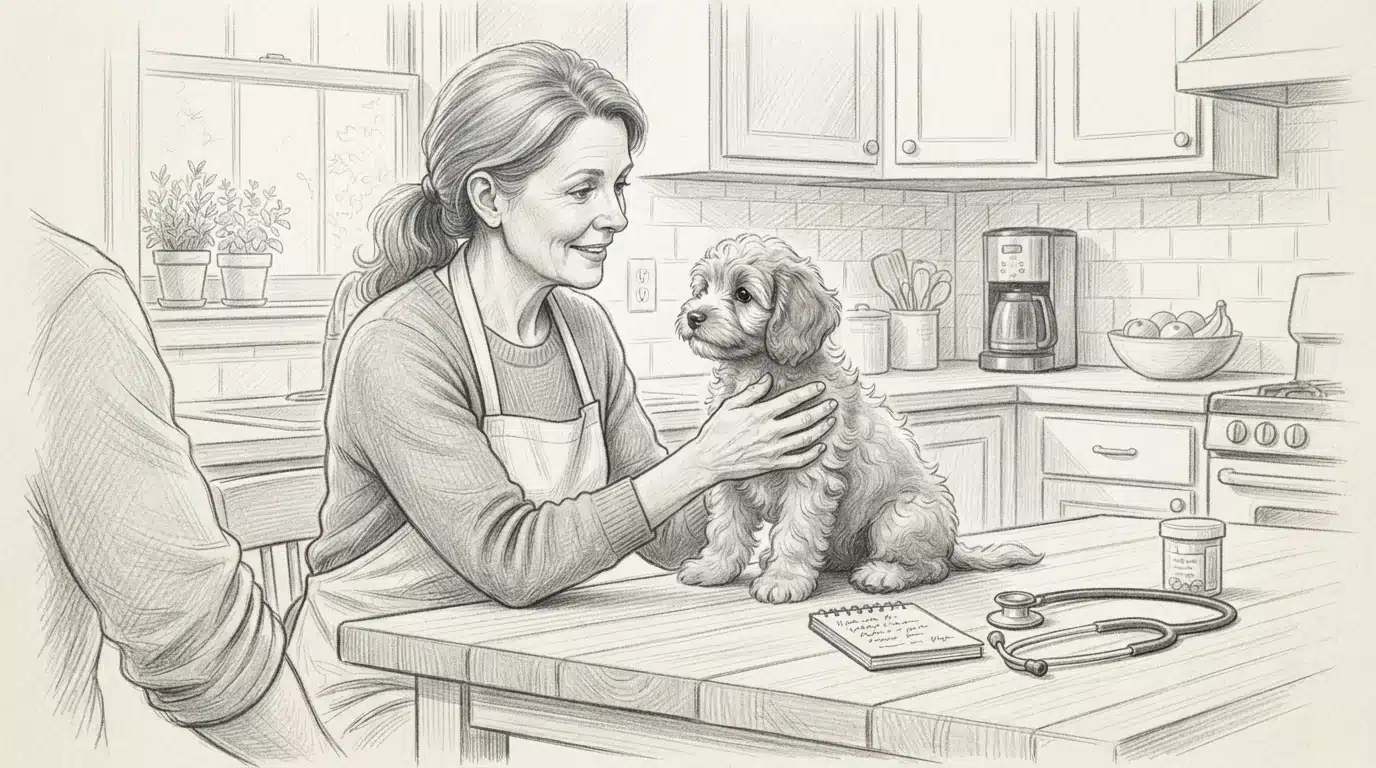 Breeder holding puppy in home kitchen