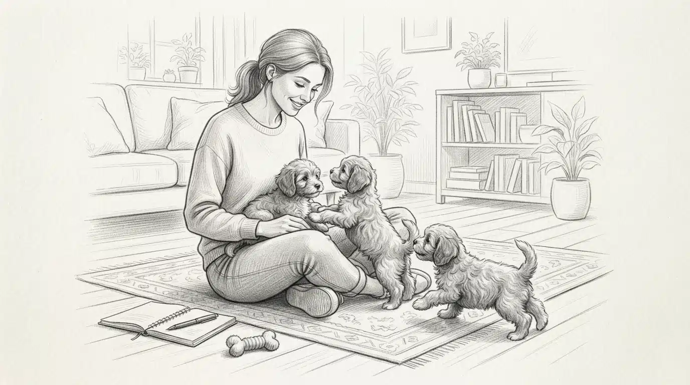 Breeder observing playful puppies on floor