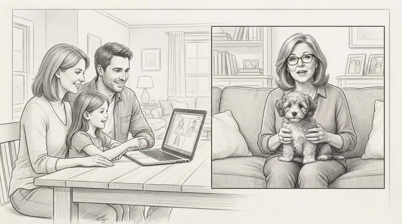 Family video calling a puppy breeder