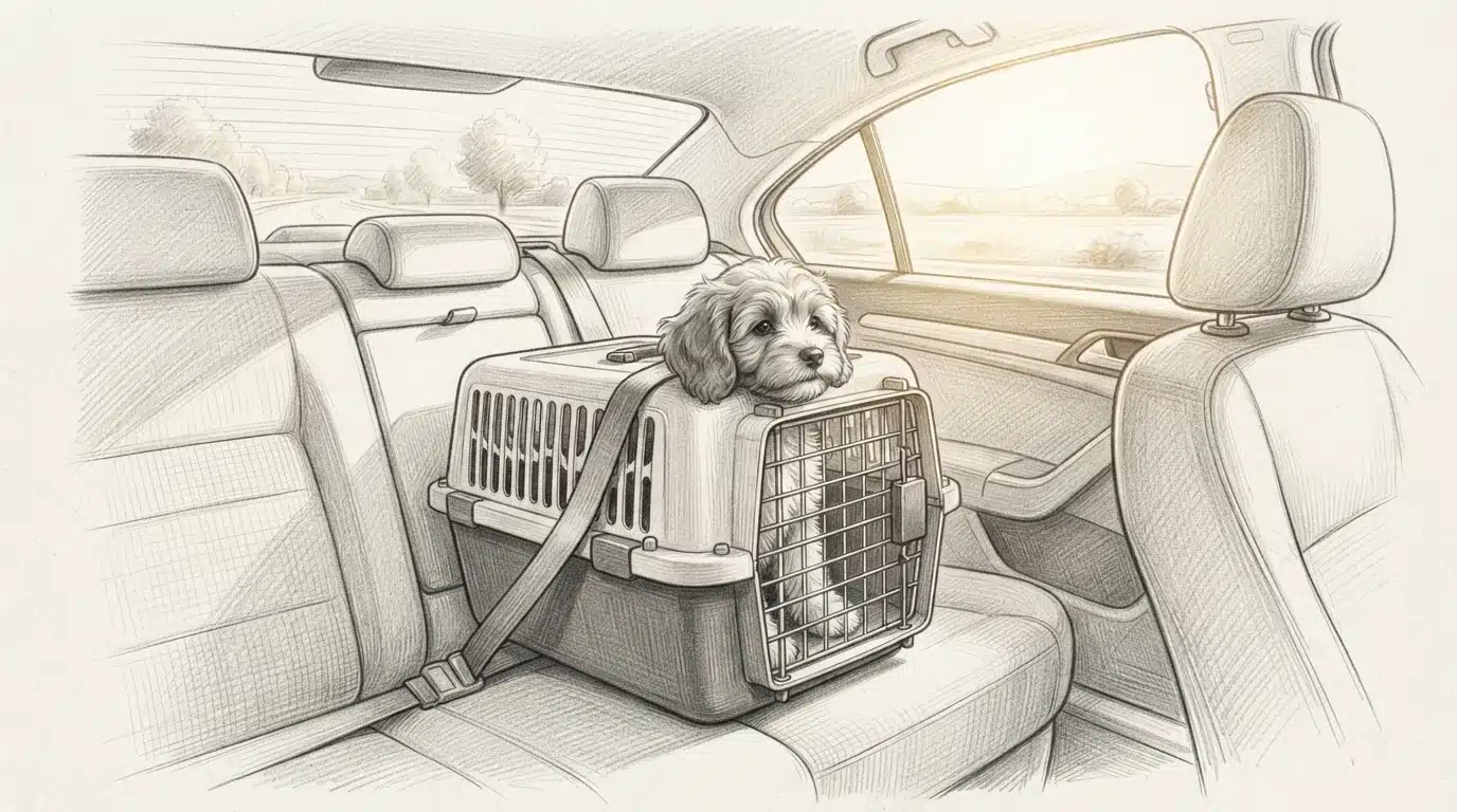 Calm puppy in secure travel crate