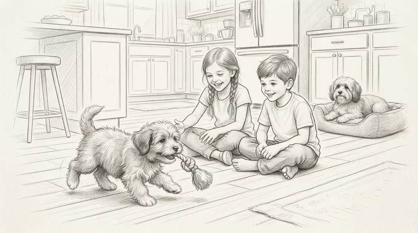 Havanese puppy playing in family kitchen