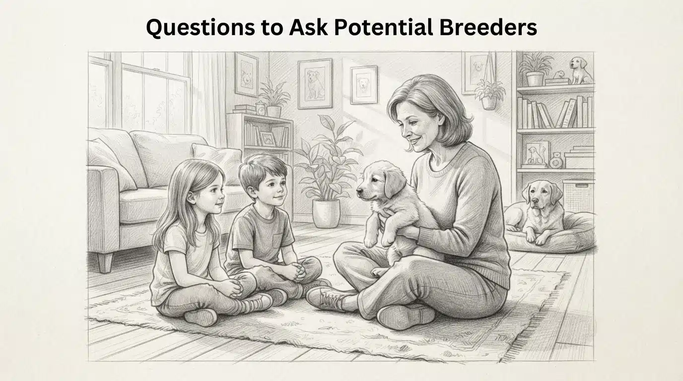 Breeder holding puppy near curious children