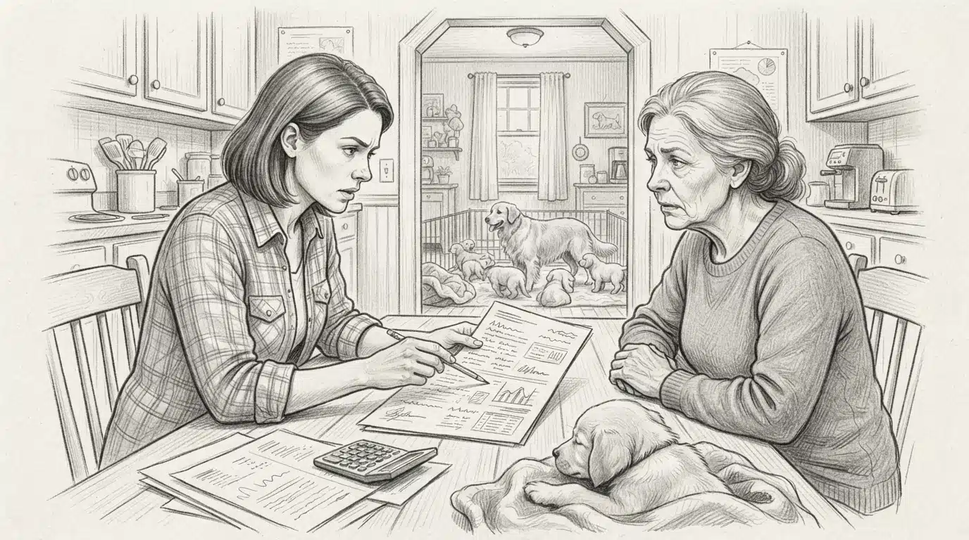 Buyer reviewing breeder documents at table