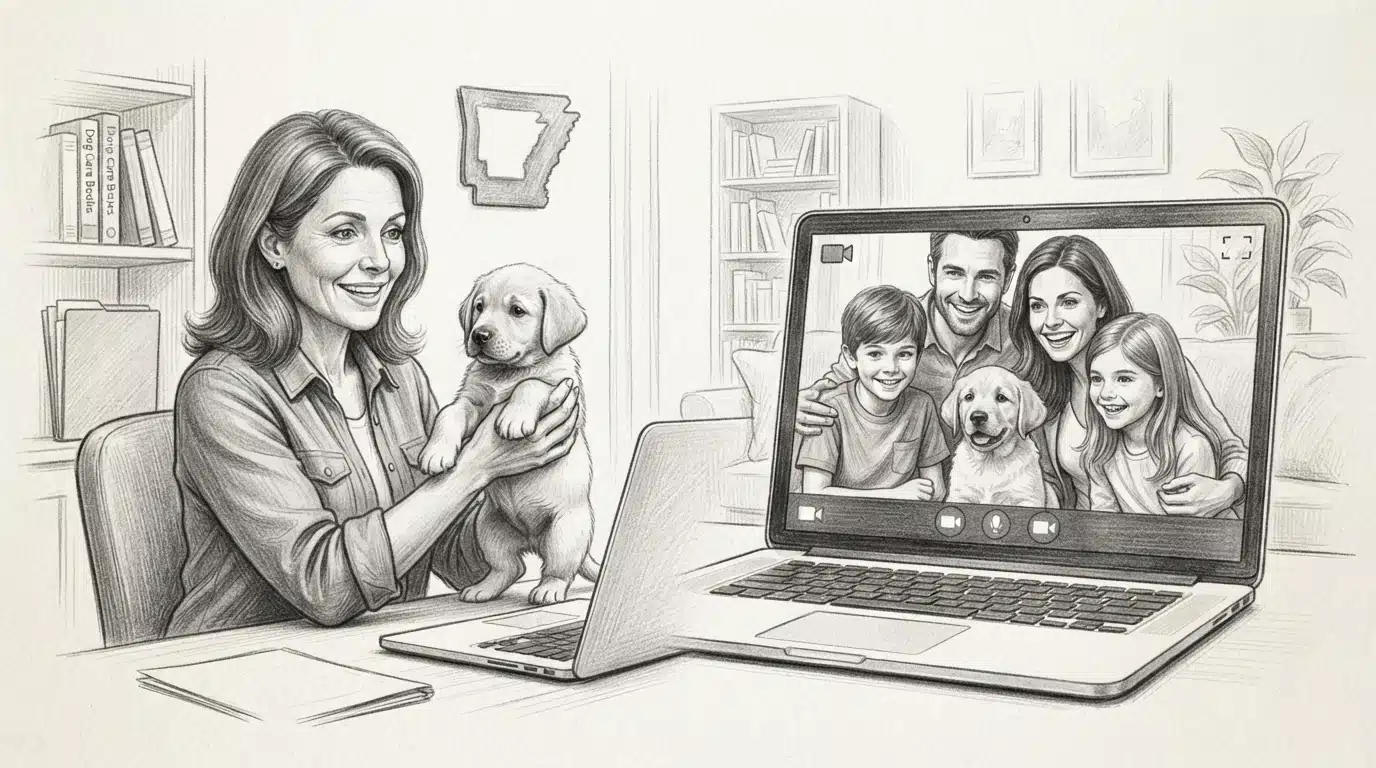Breeder showing puppy via video call