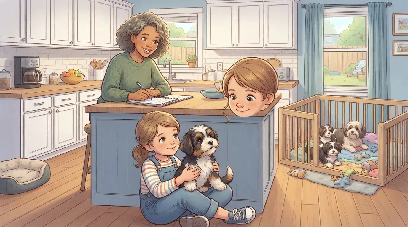 Child holding puppy in family kitchen