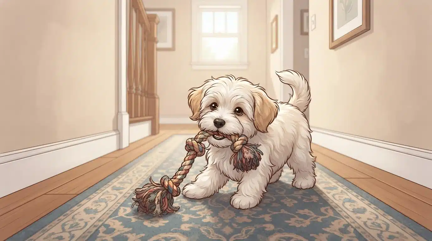 Playful Havanese puppy on carpeted floor