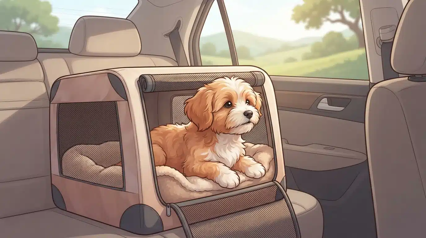 Puppy resting in comfortable travel crate