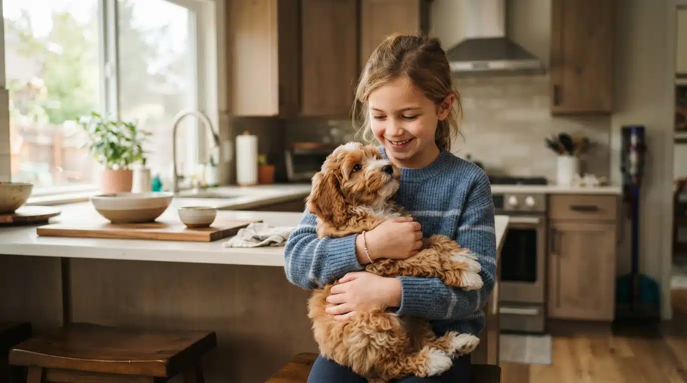 Child holding a puppy in kitchen