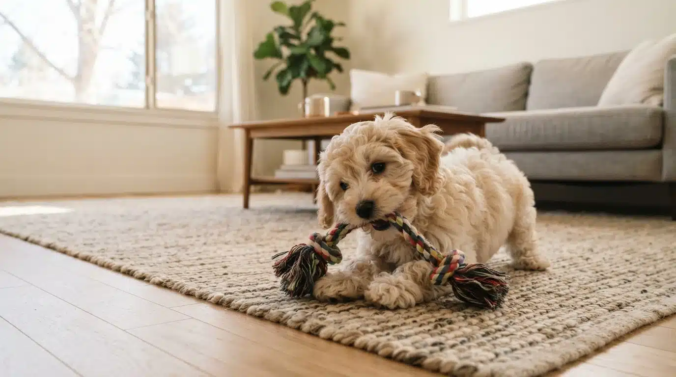 Fluffy Havapoo puppy playing with toy