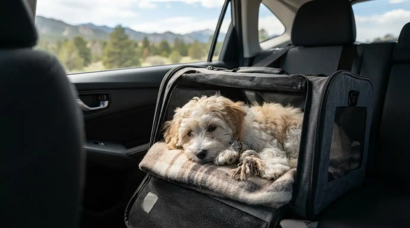 Havanese puppy resting in travel crate