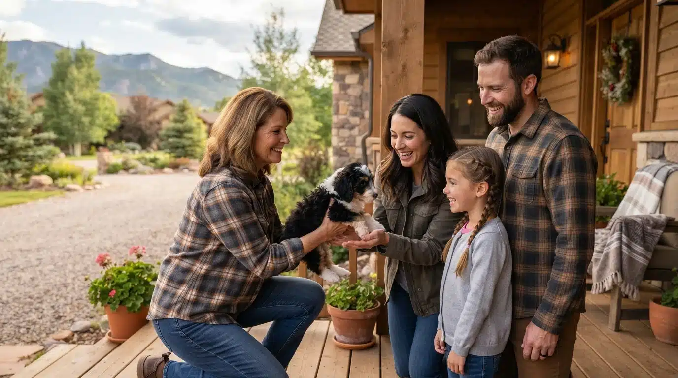 Breeder handing puppy to smiling family