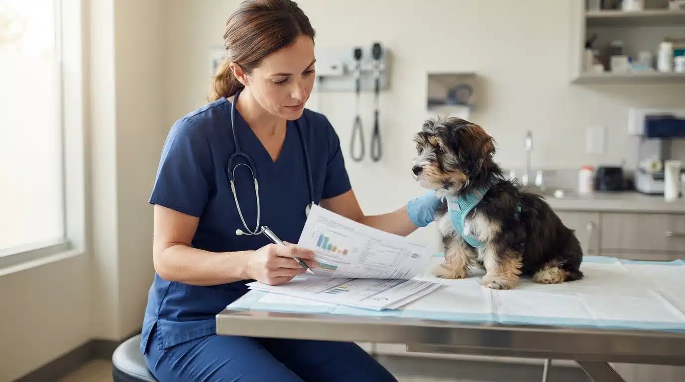 Veterinarian reviewing health records for puppy