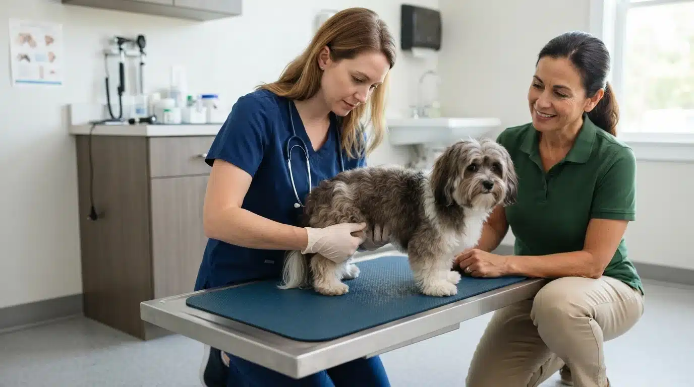 Veterinarian examining a Havanese dog knees