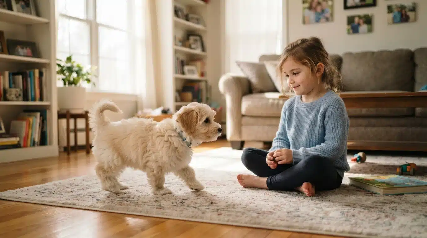 Havanese puppy exploring a sunlit living room